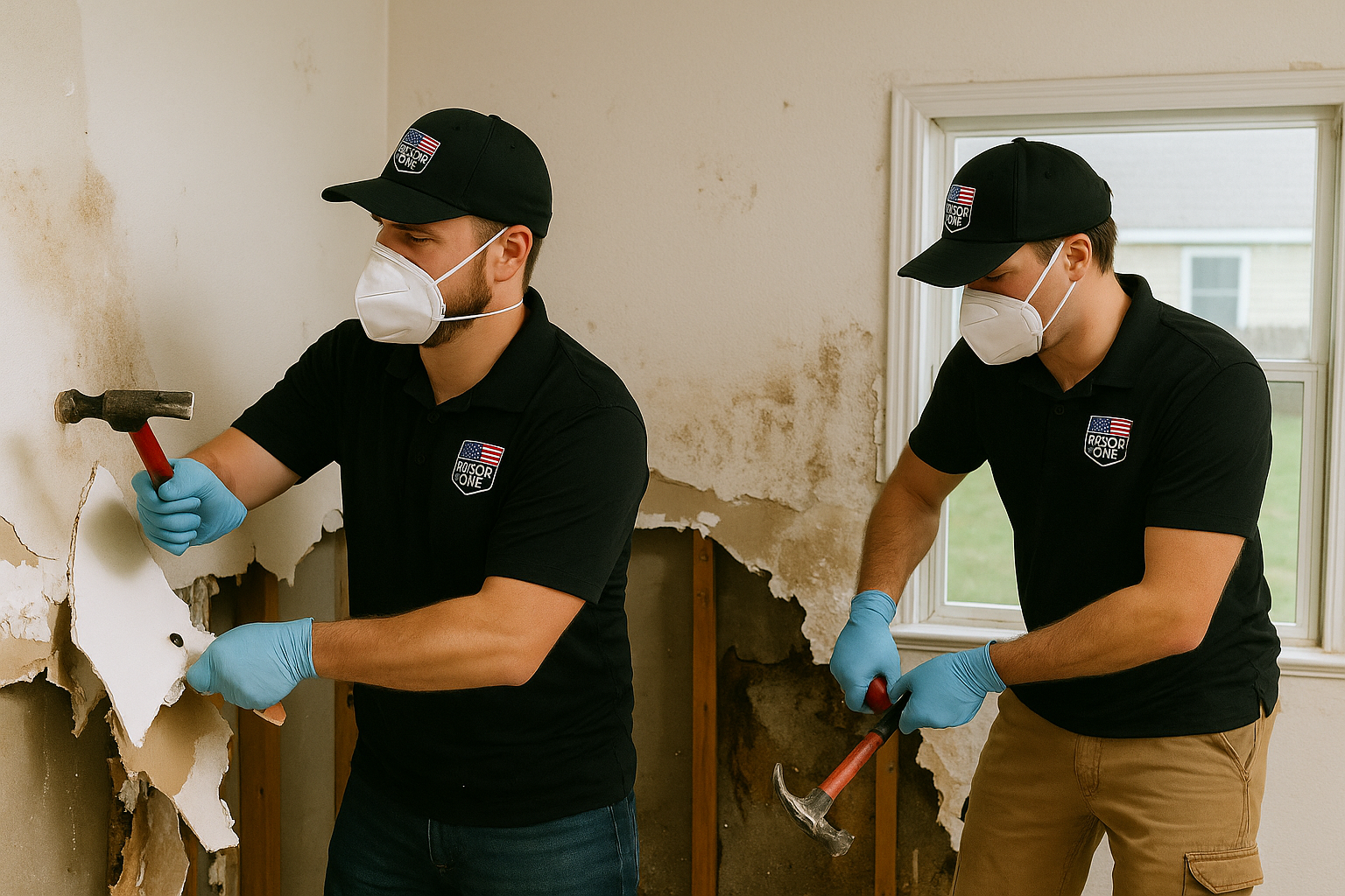 Technicians removing drywall and flooring