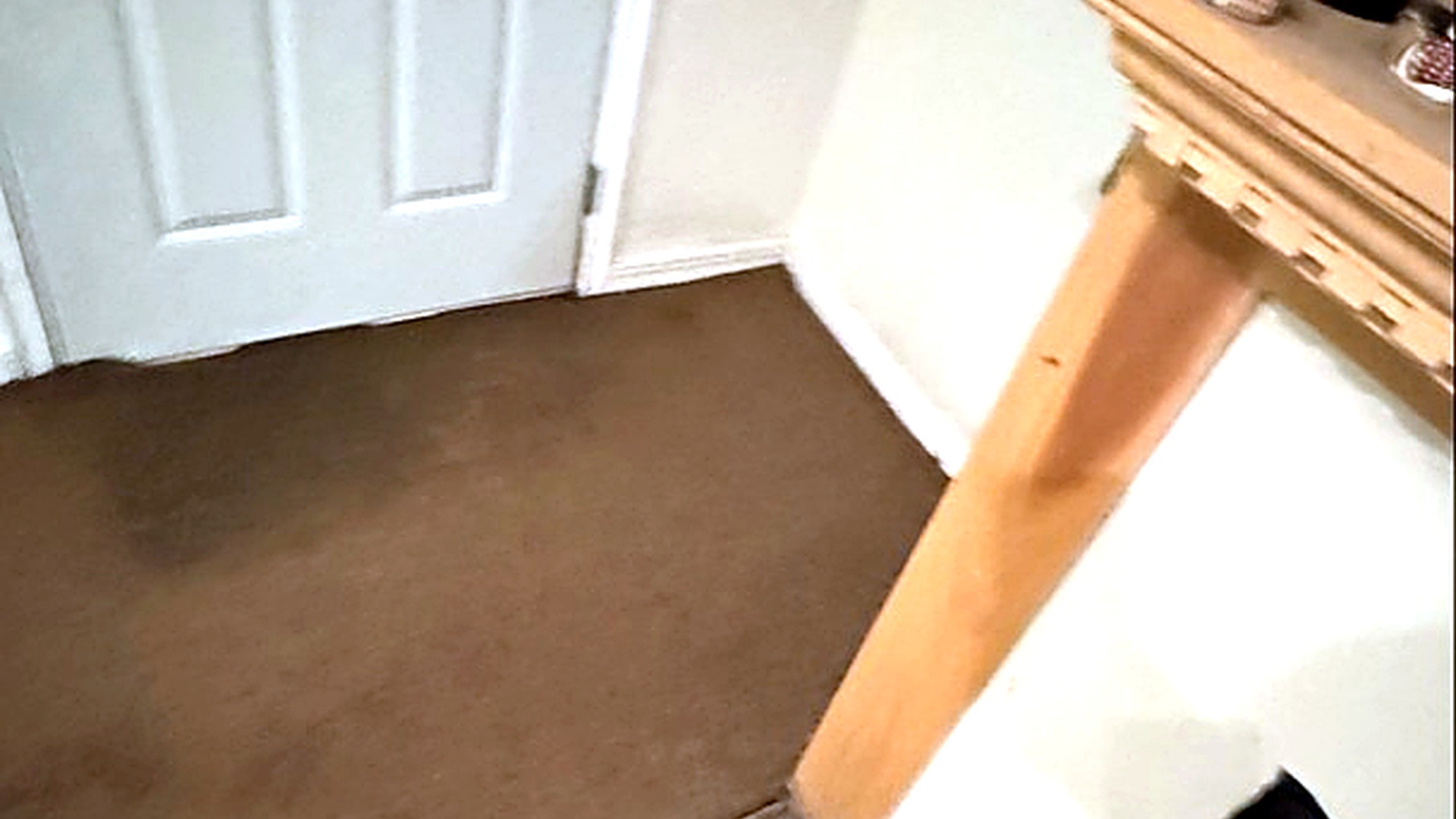 Arrival — wet carpet at entry door before mitigation equipment