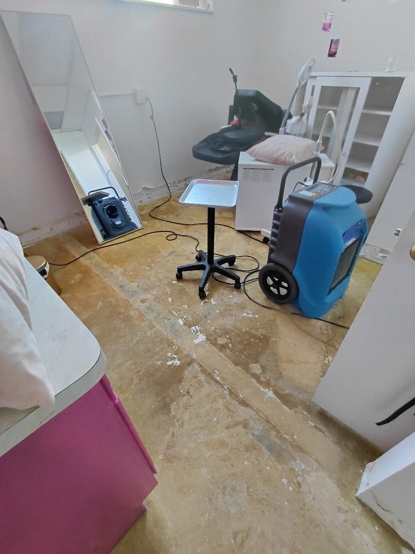Equipment set — dehumidifier and air mover staged for structural dry-out